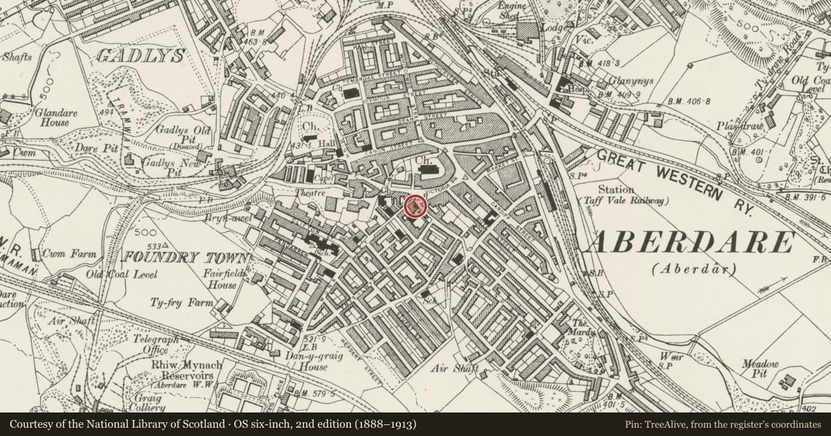 Ordnance Survey six-inch map, 2nd edition (1888–1913) covering the location of The Black Lion Hotel, Aberdare East, Rhondda Cynon Taff, with a pin at the register's coordinates