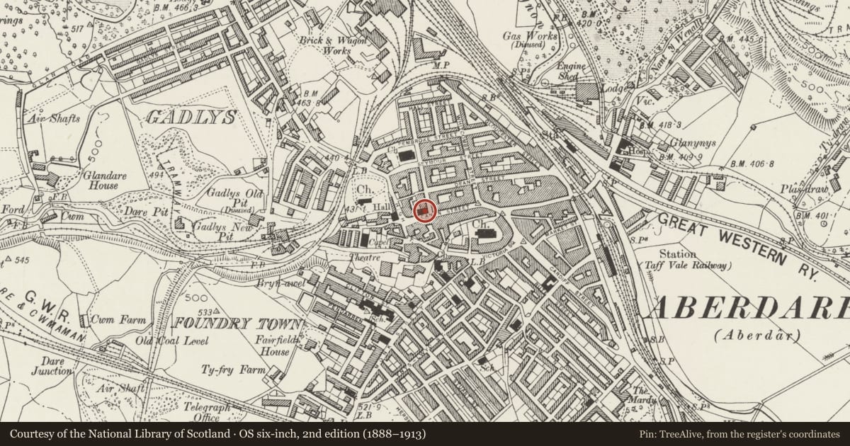 Ordnance Survey six-inch map, 2nd edition (1888–1913) covering the location of Trinity Presbyterian Church of Wales, Aberdare East, Rhondda Cynon Taff, with a pin at the register's coordinates