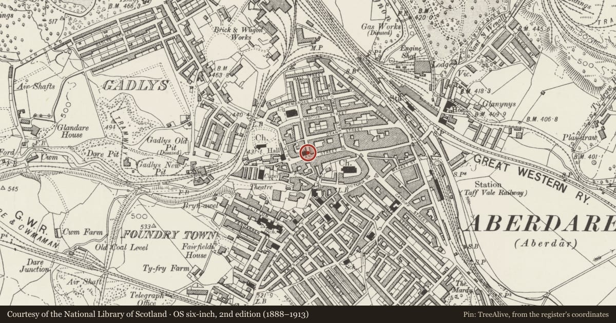 Ordnance Survey six-inch map, 2nd edition (1888–1913) covering the location of Hall attached to Trinity Church, Aberdare East, Rhondda Cynon Taff, with a pin at the register's coordinates