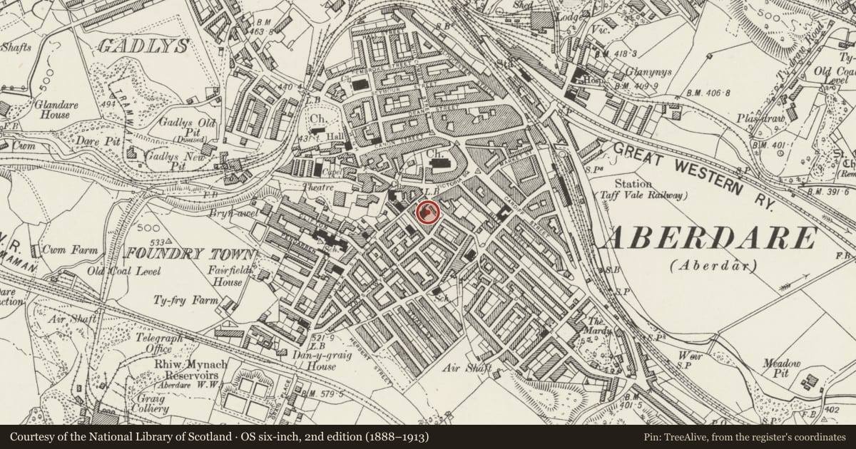 Ordnance Survey six-inch map, 2nd edition (1888–1913) covering the location of Bethania Chapel, Aberdare East, Rhondda Cynon Taff, with a pin at the register's coordinates