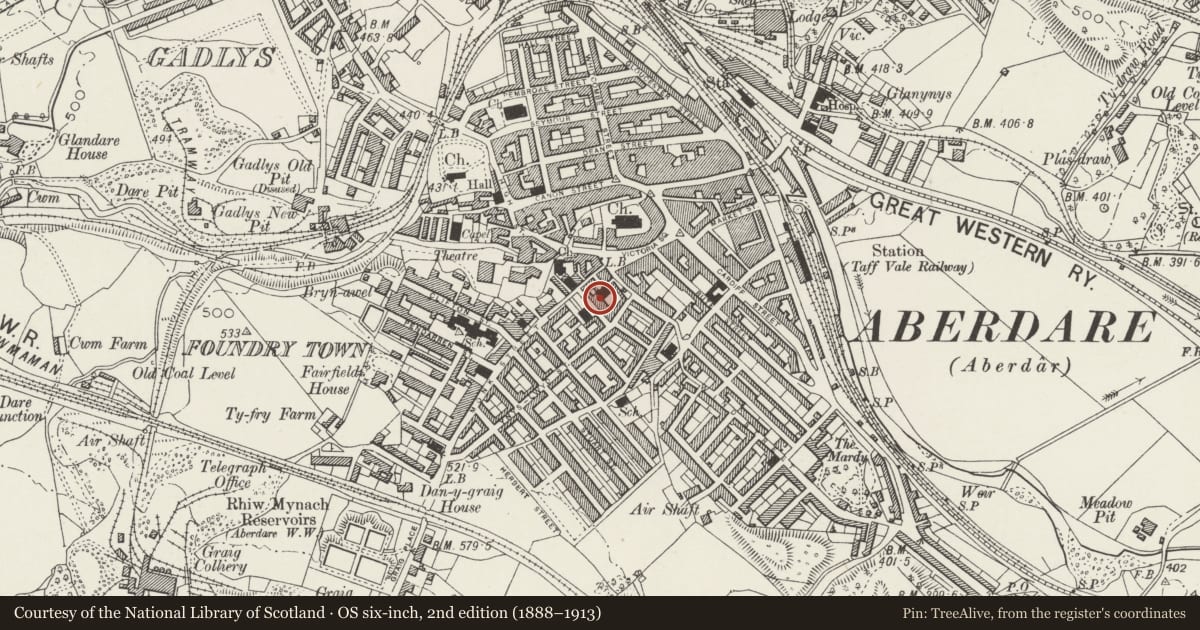 Ordnance Survey six-inch map, 2nd edition (1888–1913) covering the location of Sunday School attached to Bethania Chapel, Aberdare East, Rhondda Cynon Taff, with a pin at the register's coordinates