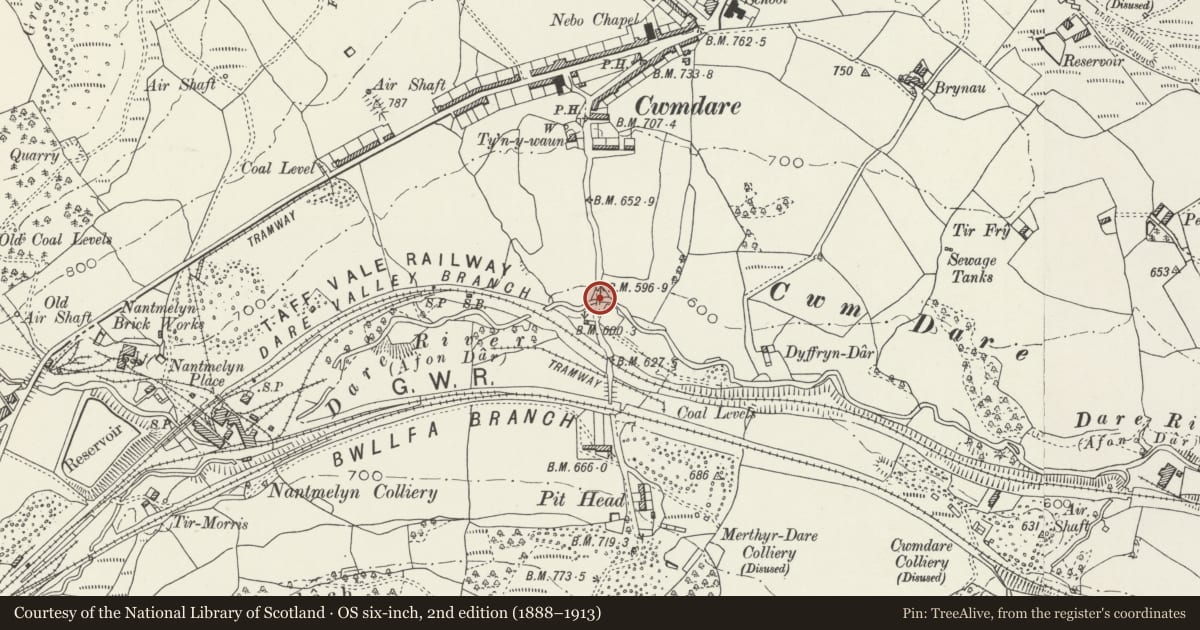 Ordnance Survey six-inch map, 2nd edition (1888–1913) covering the location of Bridge Over River Dare, Aberdare West, Rhondda Cynon Taff, with a pin at the register's coordinates