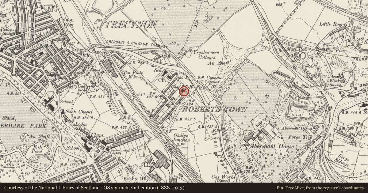 Ordnance Survey six-inch map, 2nd edition (1888–1913) covering the location of Salem Chapel, Aberdare West, Rhondda Cynon Taff, with a pin at the register's coordinates