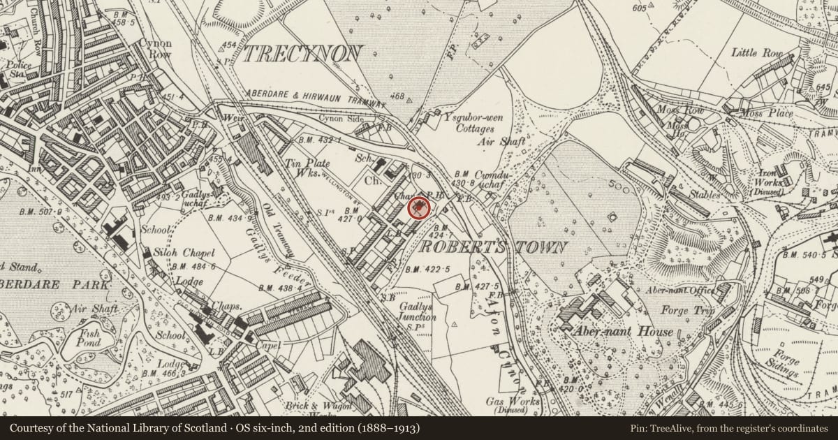 Ordnance Survey six-inch map, 2nd edition (1888–1913) covering the location of Vestry attached to Salem Chapel, Aberdare West, Rhondda Cynon Taff, with a pin at the register's coordinates