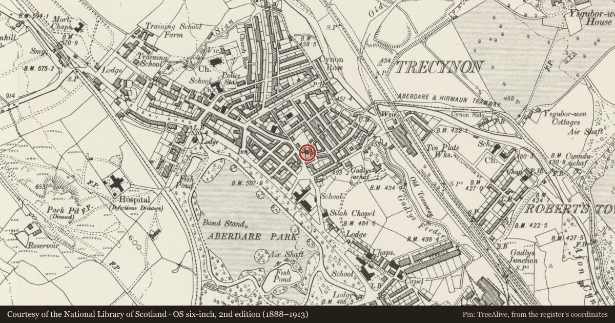 Ordnance Survey six-inch map, 2nd edition (1888–1913) covering the location of Hen Dy Cwrdd Chapel, Aberdare West, Rhondda Cynon Taff, with a pin at the register's coordinates