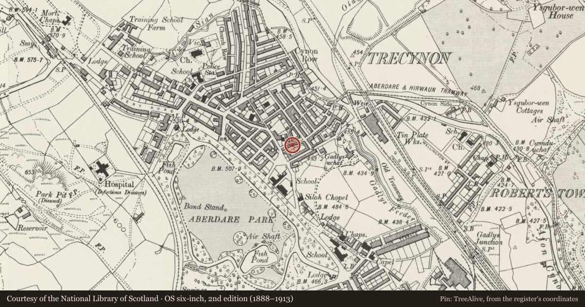 Ordnance Survey six-inch map, 2nd edition (1888–1913) covering the location of 37 & 37a Alma Street, Aberdare West, Rhondda Cynon Taff, with a pin at the register's coordinates
