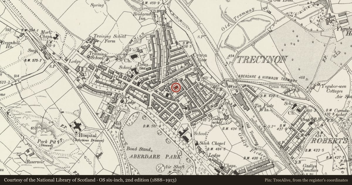 Ordnance Survey six-inch map, 2nd edition (1888–1913) covering the location of Heol Y Felin (Capel Y Bedyddwyr), Aberdare West, Rhondda Cynon Taff, with a pin at the register's coordinates