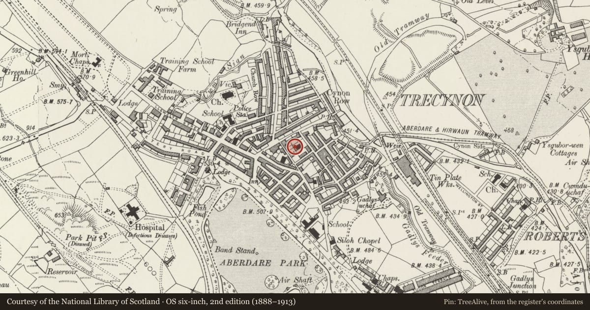 Ordnance Survey six-inch map, 2nd edition (1888–1913) covering the location of Hall attached to Capel Y Bedyddwyr, Aberdare West, Rhondda Cynon Taff, with a pin at the register's coordinates