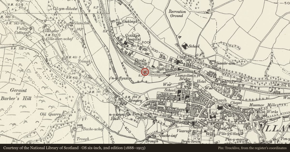 Ordnance Survey six-inch map, 2nd edition (1888–1913) covering the location of Railway Overbridge , including ramped paths & revetments to W. of Llangollen Station, Denbighshire, with a pin at the register's coordinates