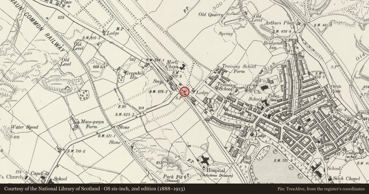 Ordnance Survey six-inch map, 2nd edition (1888–1913) covering the location of Gate Piers at former Railway Crossing, Aberdare West, Rhondda Cynon Taff, with a pin at the register's coordinates