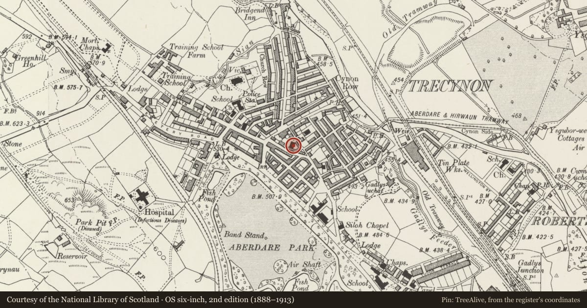 Ordnance Survey six-inch map, 2nd edition (1888–1913) covering the location of Capel Ebenezer, Aberdare West, Rhondda Cynon Taff, with a pin at the register's coordinates