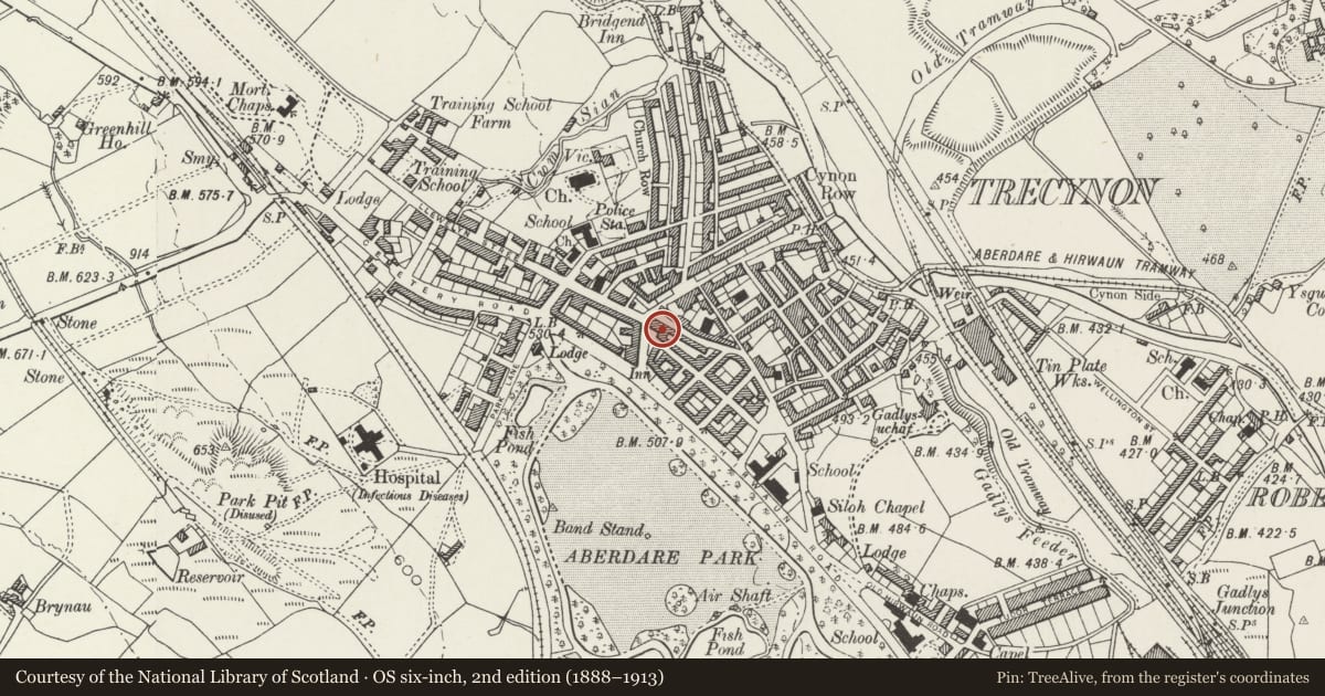 Ordnance Survey six-inch map, 2nd edition (1888–1913) covering the location of Carmel (Bryn Sion) Chapel, Aberdare West, Rhondda Cynon Taff, with a pin at the register's coordinates