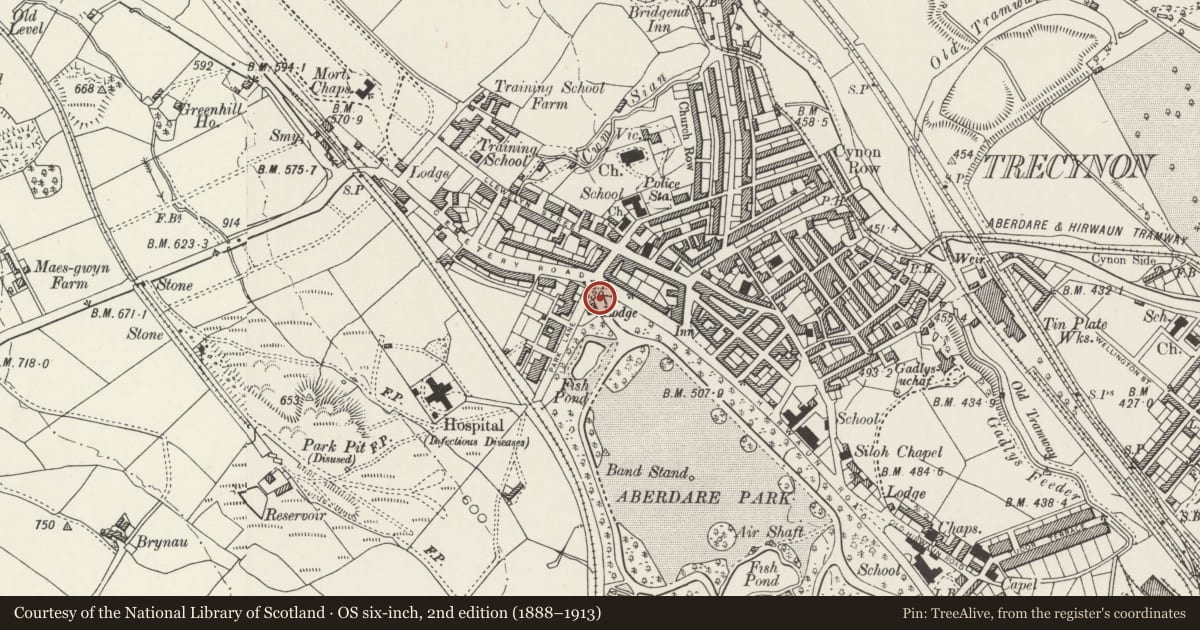 Ordnance Survey six-inch map, 2nd edition (1888–1913) covering the location of Gates 7 Gate Piers, including Flanking Railings, at NW Entrance to Aberdare Park, Aberdare West, Rhondda Cynon Taff, with a pin at the register's coordinates