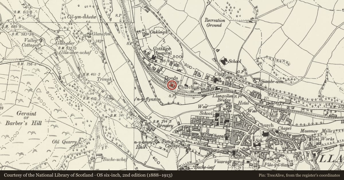 Ordnance Survey six-inch map, 2nd edition (1888–1913) covering the location of Good Shed at the Llangollen Railway Station Goods Yard, Denbighshire, with a pin at the register's coordinates