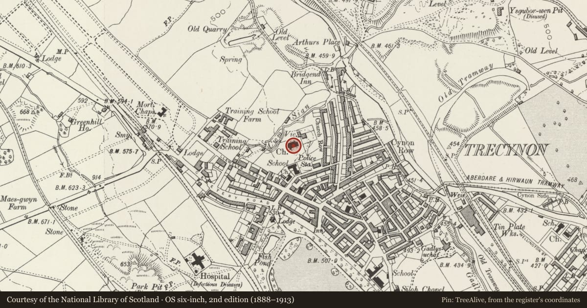 Ordnance Survey six-inch map, 2nd edition (1888–1913) covering the location of St. Fagan's Church, Aberdare West, Rhondda Cynon Taff, with a pin at the register's coordinates