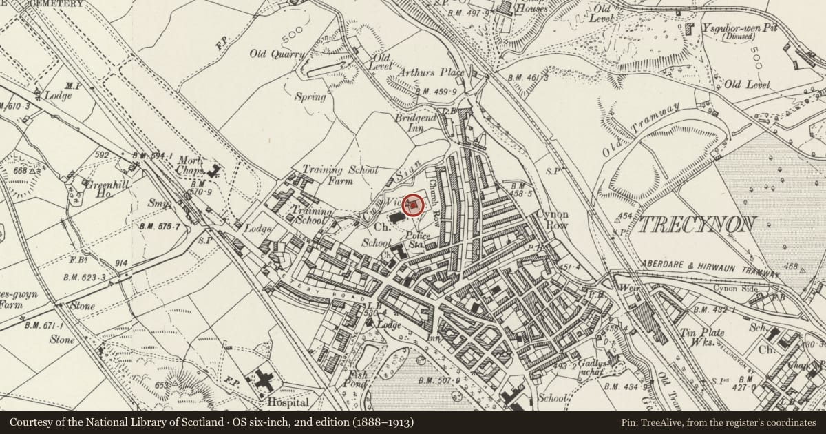 Ordnance Survey six-inch map, 2nd edition (1888–1913) covering the location of Vicarage to St Fagan's Church, Aberdare West, Rhondda Cynon Taff, with a pin at the register's coordinates