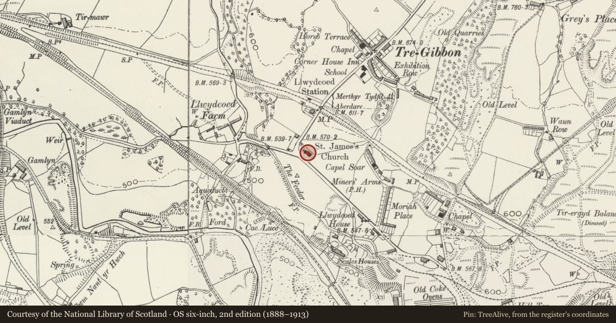 Ordnance Survey six-inch map, 2nd edition (1888–1913) covering the location of St James' Church, Llwydcoed, Rhondda Cynon Taff, with a pin at the register's coordinates