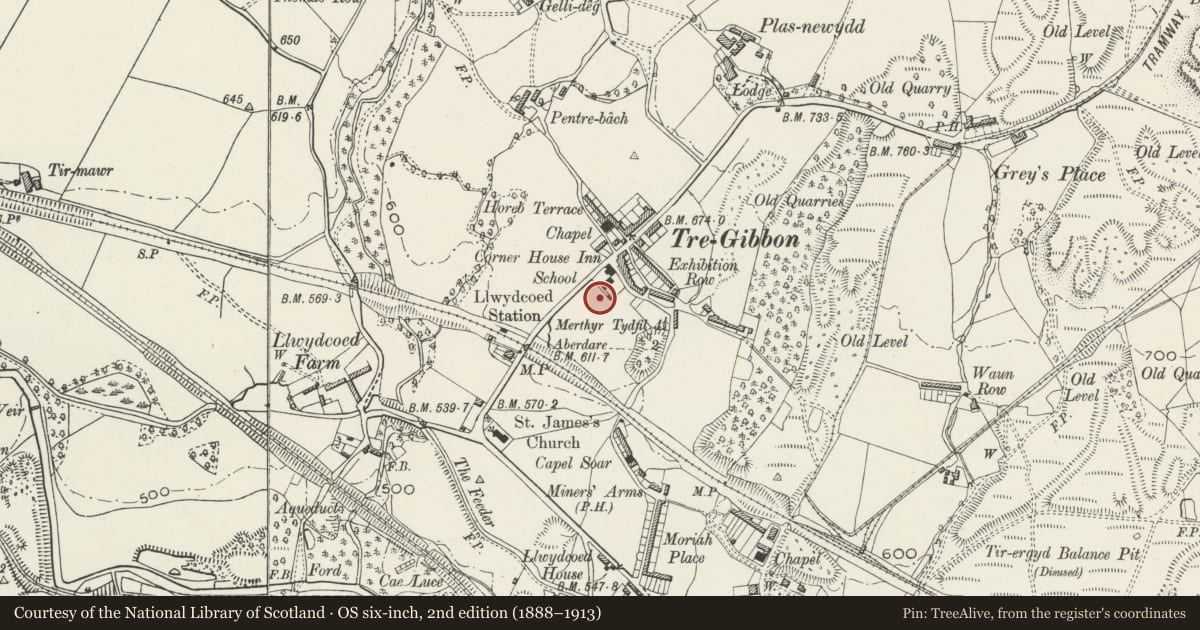 Ordnance Survey six-inch map, 2nd edition (1888–1913) covering the location of War Memorial, Llwydcoed, Rhondda Cynon Taff, with a pin at the register's coordinates