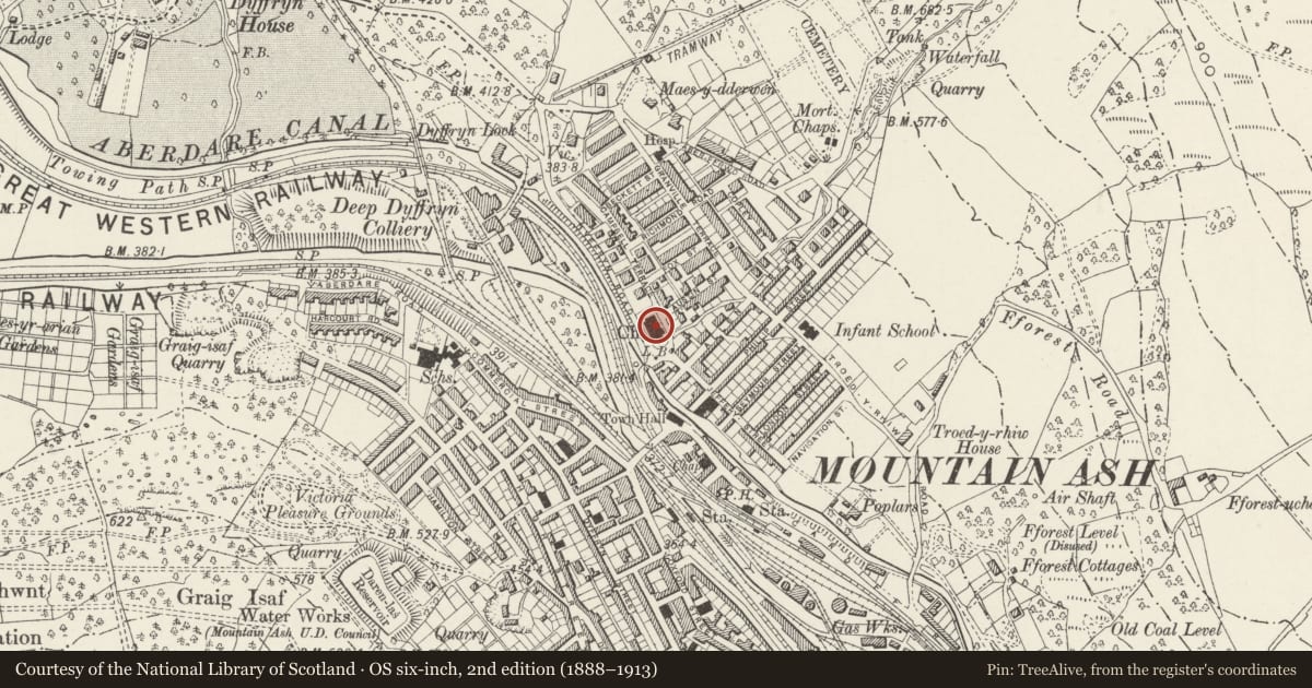 Ordnance Survey six-inch map, 2nd edition (1888–1913) covering the location of Church of St Margaret, Mountain Ash, Rhondda Cynon Taff, with a pin at the register's coordinates