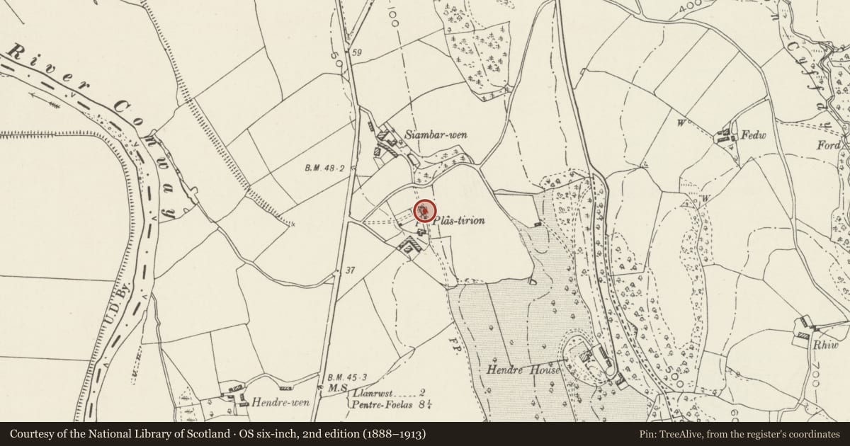 Ordnance Survey six-inch map, 2nd edition (1888–1913) covering the location of Plas Tirion, Bro Garmon, Conwy, with a pin at the register's coordinates