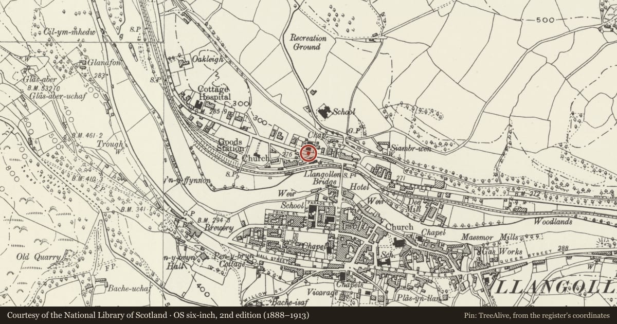 Ordnance Survey six-inch map, 2nd edition (1888–1913) covering the location of Lamp Standard (at the Y junction of Green Lane and Abbey Road), Llangollen, Denbighshire, with a pin at the register's coordinates