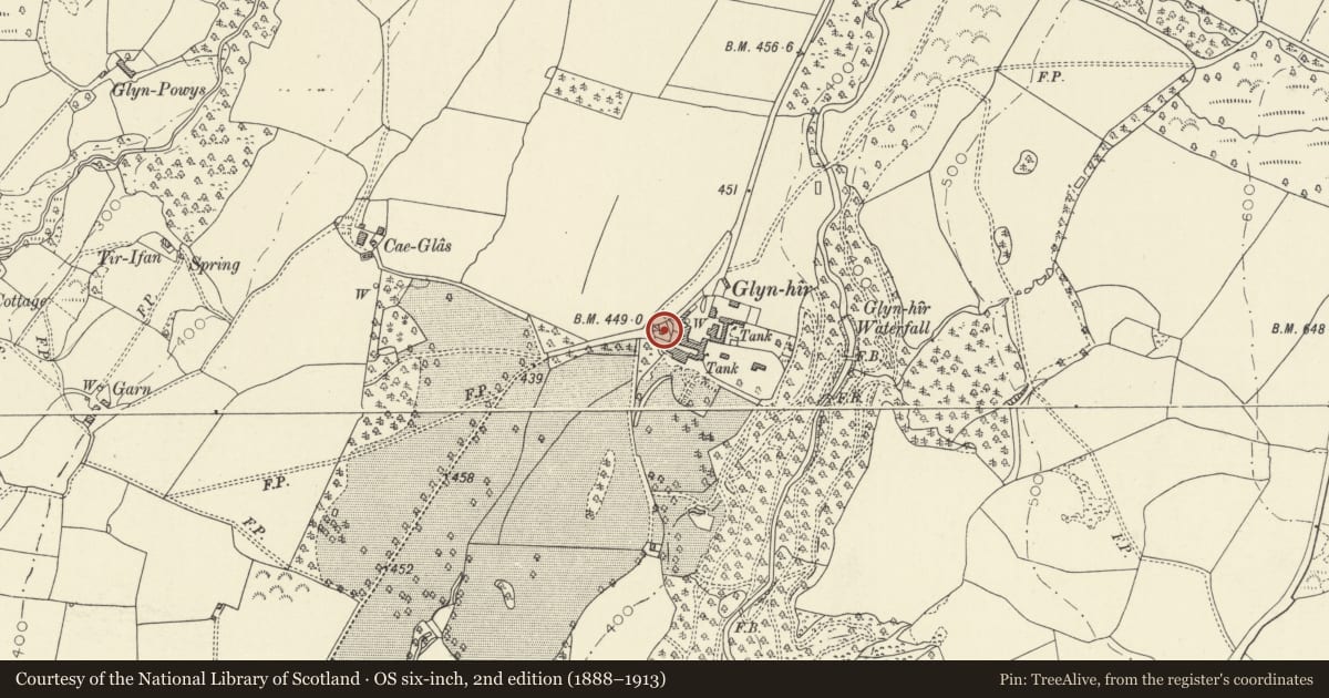Ordnance Survey six-inch map, 2nd edition (1888–1913) covering the location of Glynhir Dovecote, Llandybie, Carmarthenshire, with a pin at the register's coordinates