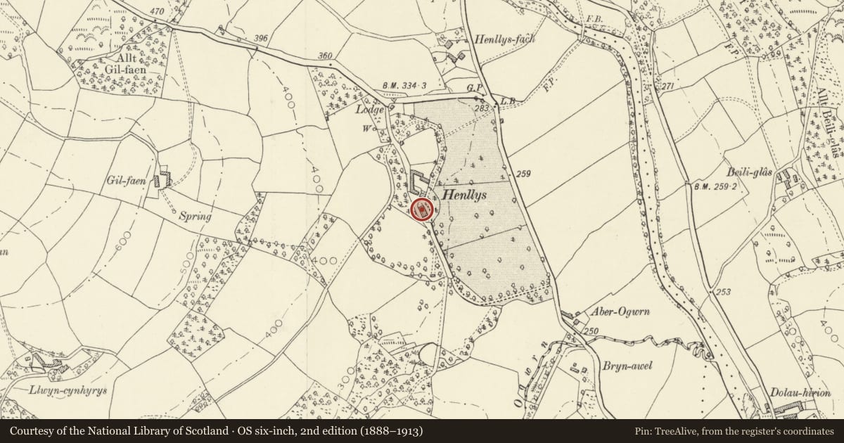 Ordnance Survey six-inch map, 2nd edition (1888–1913) covering the location of Henllys, Cilycwm, Carmarthenshire, with a pin at the register's coordinates