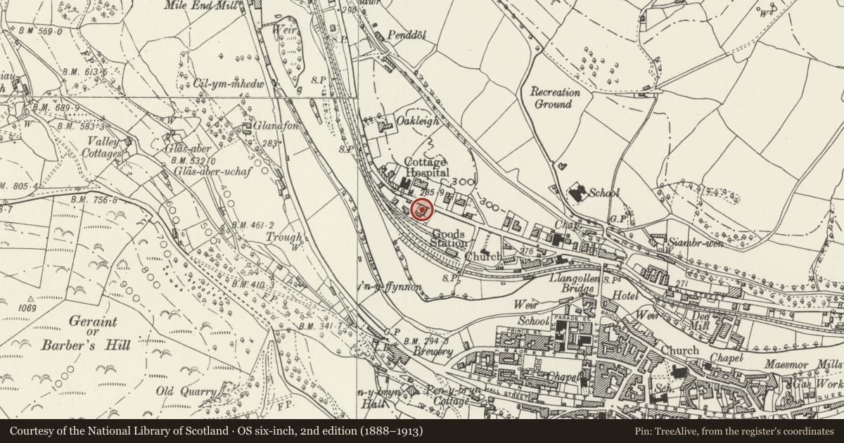 Ordnance Survey six-inch map, 2nd edition (1888–1913) covering the location of Fair View (including outbuilding Range to right), Llangollen, Denbighshire, with a pin at the register's coordinates