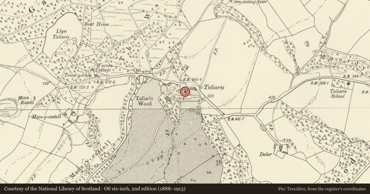 Ordnance Survey six-inch map, 2nd edition (1888–1913) covering the location of Cockpit to W of Plas Taliaris, Manordeilo and Salem, Carmarthenshire, with a pin at the register's coordinates