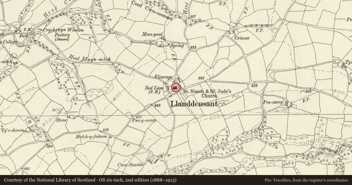 Ordnance Survey six-inch map, 2nd edition (1888–1913) covering the location of Church of St Simon and St Jude, Llanddeusant, Carmarthenshire, with a pin at the register's coordinates