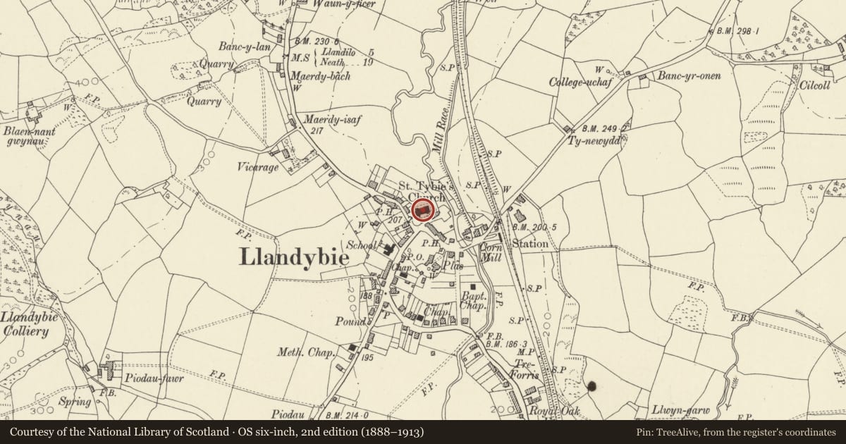 Ordnance Survey six-inch map, 2nd edition (1888–1913) covering the location of Church of St. Tybie, Llandybie, Carmarthenshire, with a pin at the register's coordinates