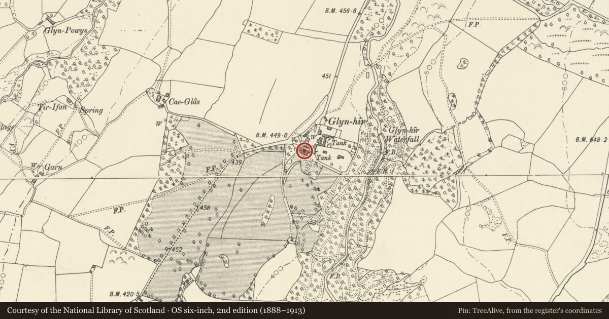 Ordnance Survey six-inch map, 2nd edition (1888–1913) covering the location of Glynhir Mansion, Llandybie, Carmarthenshire, with a pin at the register's coordinates