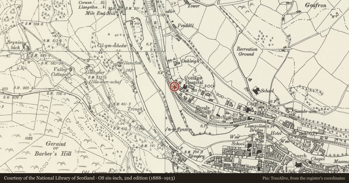 Ordnance Survey six-inch map, 2nd edition (1888–1913) covering the location of Arnon Cottage, Llangollen, Denbighshire, with a pin at the register's coordinates