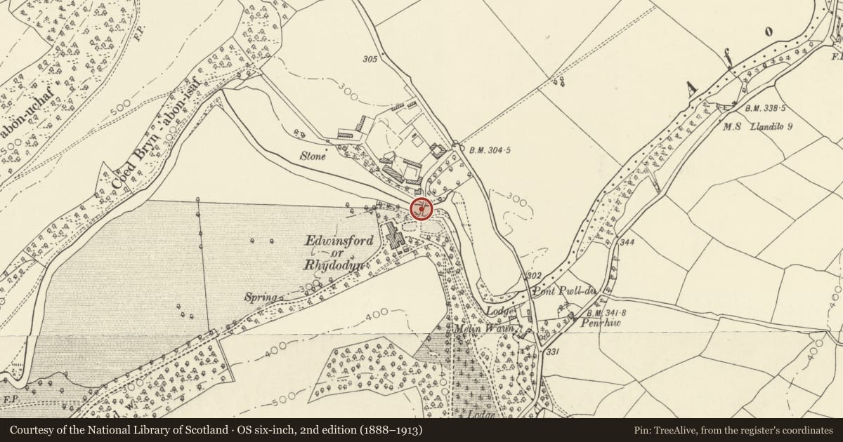 Ordnance Survey six-inch map, 2nd edition (1888–1913) covering the location of bridge over River Gothi at Edwinsford, Talley, Carmarthenshire, with a pin at the register's coordinates