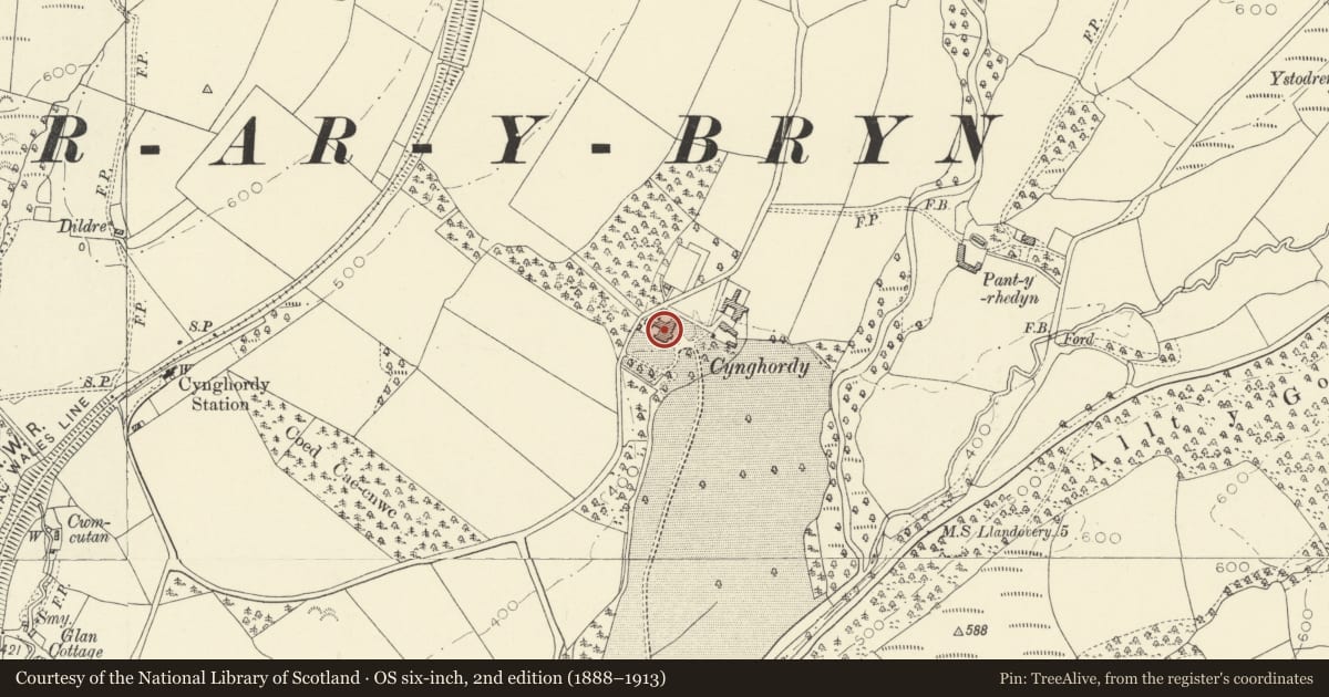 Ordnance Survey six-inch map, 2nd edition (1888–1913) covering the location of Cynghordy Hall, Llanfair-ar-y-Bryn, Carmarthenshire, with a pin at the register's coordinates