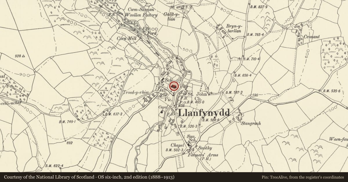 Ordnance Survey six-inch map, 2nd edition (1888–1913) covering the location of Church of St Egwad, Llanfynydd, Carmarthenshire, with a pin at the register's coordinates