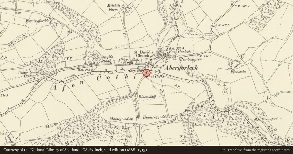 Ordnance Survey six-inch map, 2nd edition (1888–1913) covering the location of Pont Cothi (partly in Llanfihangel Rhos-y-Corn Community, Llanfynydd, Carmarthenshire, with a pin at the register's coordinates