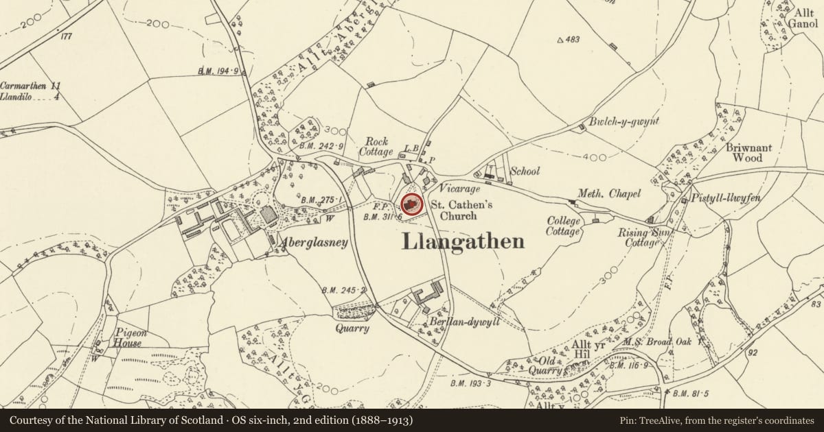 Ordnance Survey six-inch map, 2nd edition (1888–1913) covering the location of Church of St Cathen, Llangathen, Carmarthenshire, with a pin at the register's coordinates