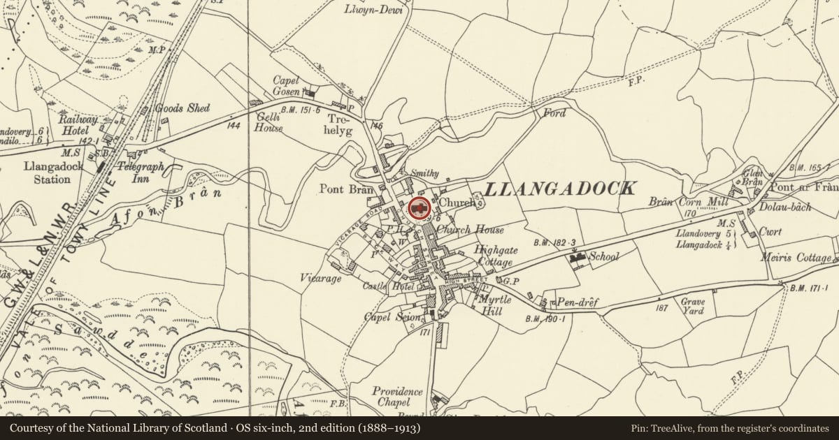 Ordnance Survey six-inch map, 2nd edition (1888–1913) covering the location of Church of Saint Cadoc, Llangadog, Carmarthenshire, with a pin at the register's coordinates