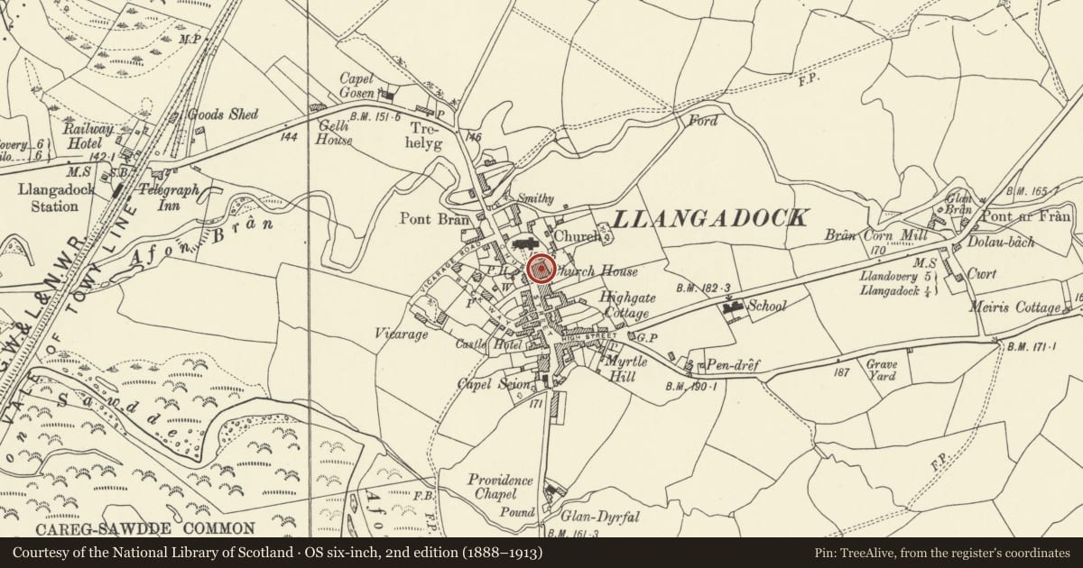 Ordnance Survey six-inch map, 2nd edition (1888–1913) covering the location of Church House, Llangadog, Carmarthenshire, with a pin at the register's coordinates