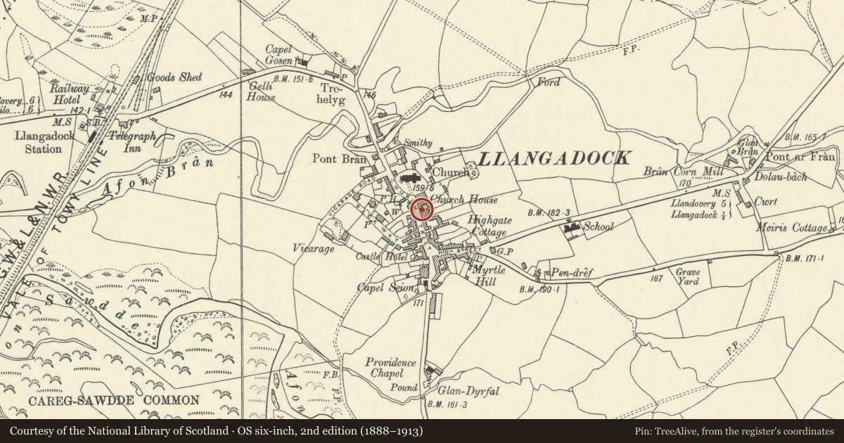 Ordnance Survey six-inch map, 2nd edition (1888–1913) covering the location of Nythfa, Llangadog, Carmarthenshire, with a pin at the register's coordinates