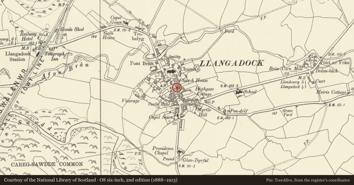 Ordnance Survey six-inch map, 2nd edition (1888–1913) covering the location of Great House (Post Office), Llangadog, Carmarthenshire, with a pin at the register's coordinates