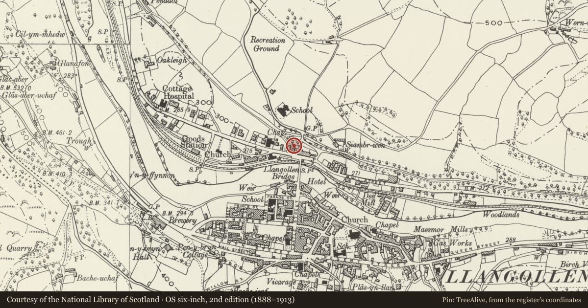 Ordnance Survey six-inch map, 2nd edition (1888–1913) covering the location of 2 Abbey Square, Llangollen, Denbighshire, with a pin at the register's coordinates