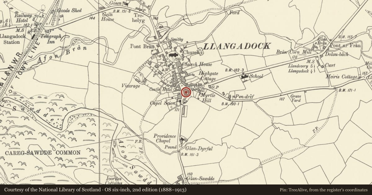 Ordnance Survey six-inch map, 2nd edition (1888–1913) covering the location of The Limes (including front railings), Llangadog, Carmarthenshire, with a pin at the register's coordinates
