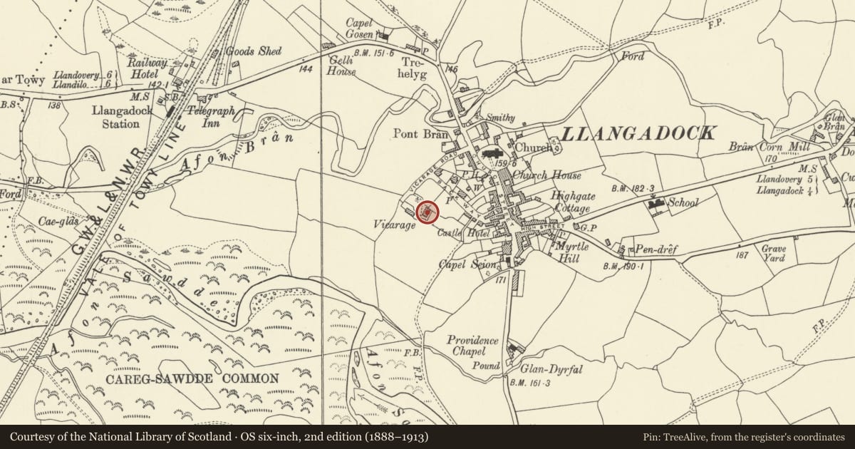 Ordnance Survey six-inch map, 2nd edition (1888–1913) covering the location of The Vicarage, Llangadog, Carmarthenshire, with a pin at the register's coordinates
