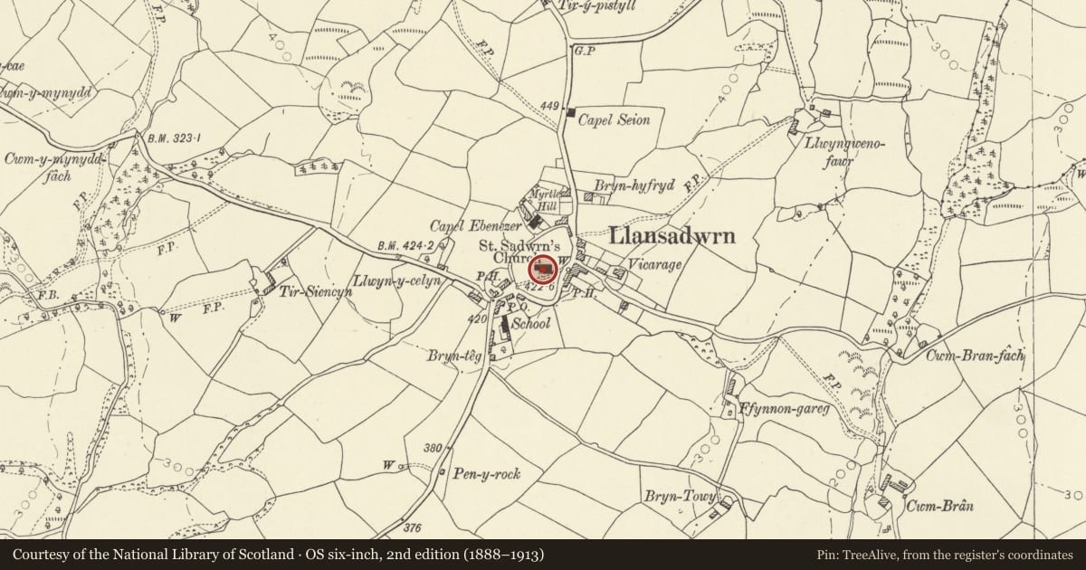 Ordnance Survey six-inch map, 2nd edition (1888–1913) covering the location of Church of Saint Sadwrn, Llansadwrn, Carmarthenshire, with a pin at the register's coordinates