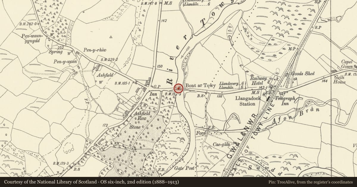 Ordnance Survey six-inch map, 2nd edition (1888–1913) covering the location of Bont-ar-Towy (partly in Llangadog Community), Llansadwrn, Carmarthenshire, with a pin at the register's coordinates