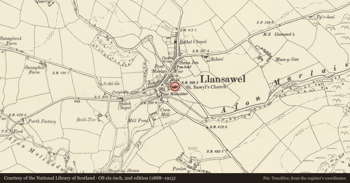 Ordnance Survey six-inch map, 2nd edition (1888–1913) covering the location of St Sawel Parish Church, Llansawel, Carmarthenshire, with a pin at the register's coordinates