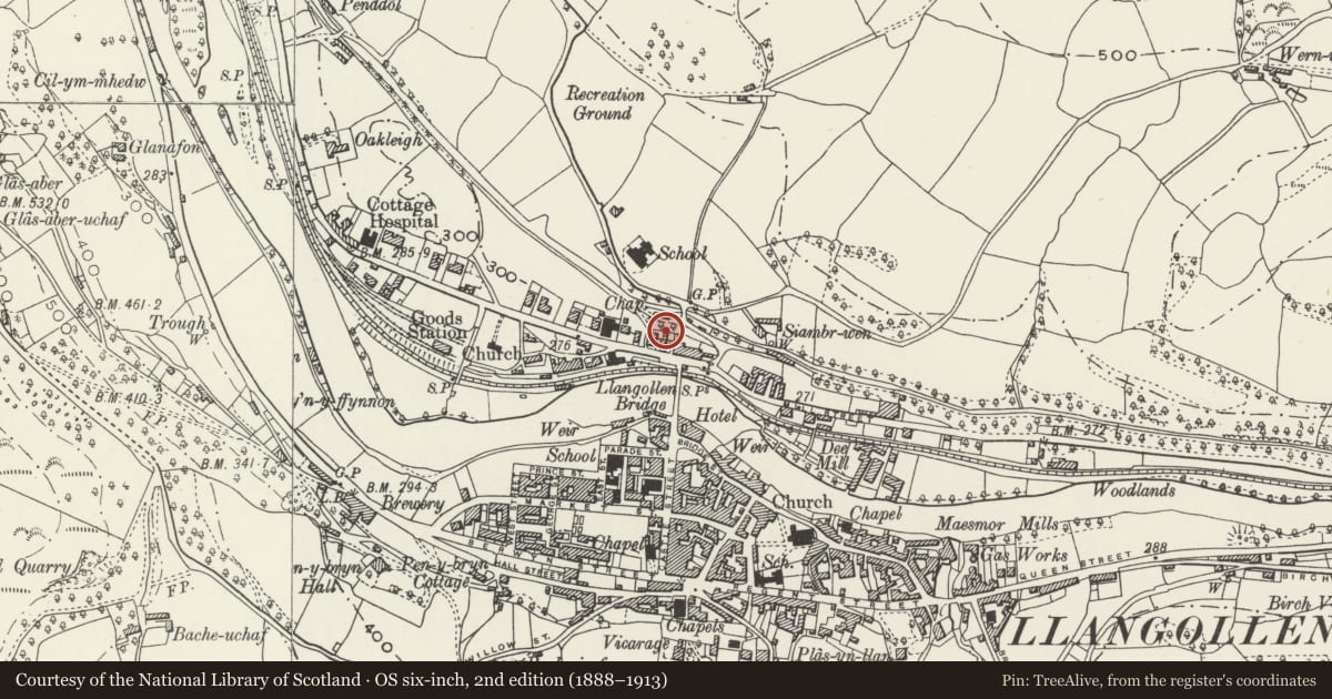 Ordnance Survey six-inch map, 2nd edition (1888–1913) covering the location of 3 Abbey Square, Llangollen, Denbighshire, with a pin at the register's coordinates