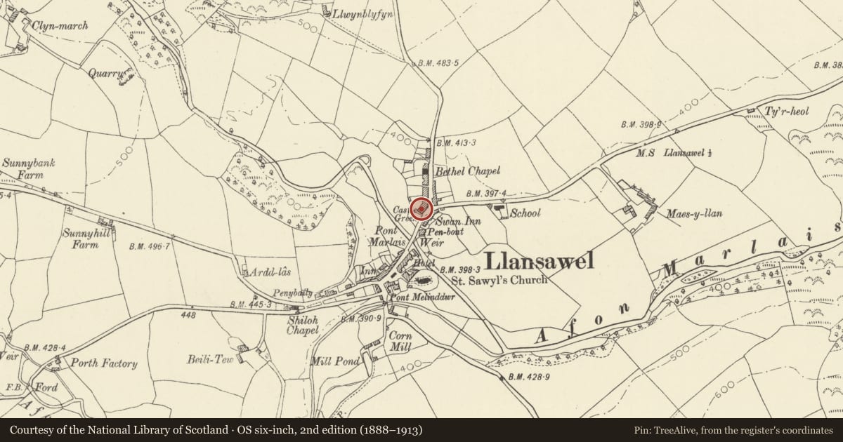Ordnance Survey six-inch map, 2nd edition (1888–1913) covering the location of Castle Green including Front Railings and Gate, Llansawel, Carmarthenshire, with a pin at the register's coordinates